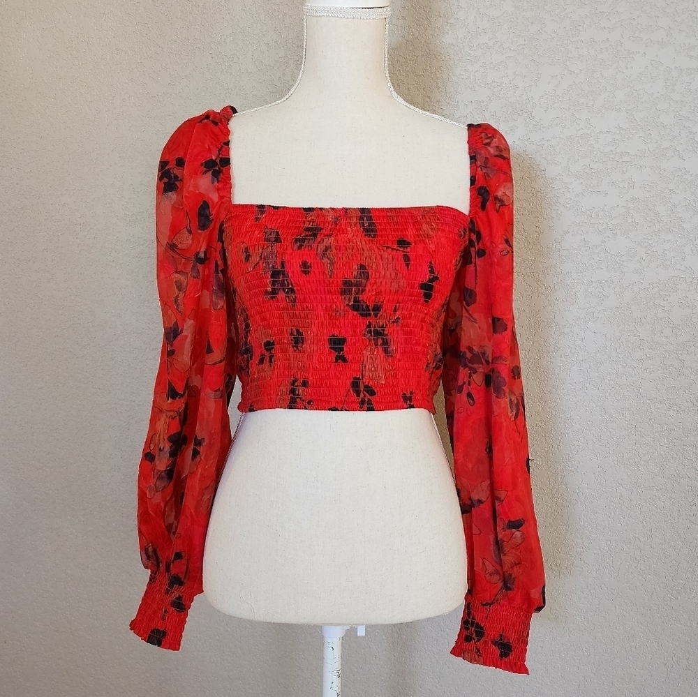 B.O.G Collection red floral sheer sleeves size XS. New with Tags